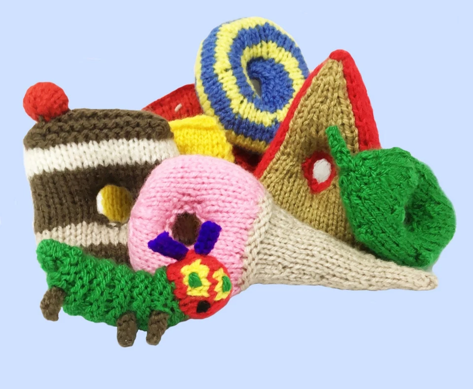 KNITTING PATTERN 505: Caterpillar, butterfly, 16 food items: teaching aid