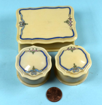 Rare 1930's Acwalite Ivory French Design 3 Piece Lined  Makeup Dresser Set