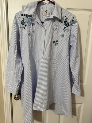 Cupio Blue/White Striped Embroidered Dress  Long Sleeve Collared M