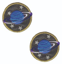 Pair 2" Celestial Saturn Planet Star Embroidered Iron On Patches Space Applique