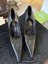 Vintage 90s GIANNI VERSACE Black Leather Heart Vamp Crystal Heel Pumps Medusa 40
