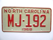 1968 NORTH CAROLINA NC LICENSE PLATE TAG, LOW NUMBER (MJ-192) ORIGINAL ,NICE