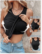 Women s Built-In Bra Tank Top Sleeveless Casual Shirt Racerback Ribbed Fitted
