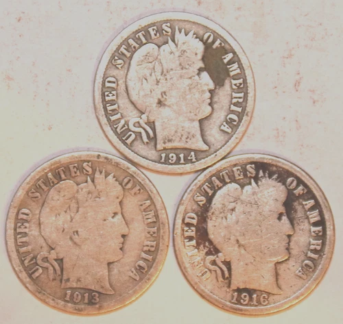 (3) Barber Dimes - 1913 1914 1916 - Good/Very Good - #1599SCB - FREE SHIPPING