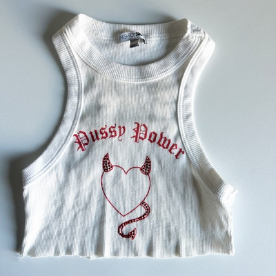 #ad Fashion Nova Womens Ribbed Pussy Power Devil Heart Rhinestone Crop Tank Top $20.99