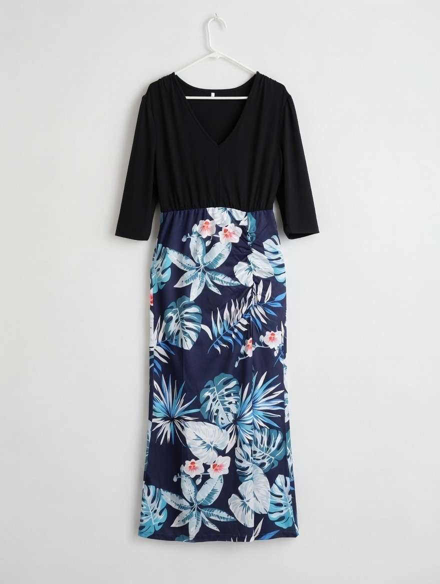 New Women's Maxi Dress Floral Tropical Black Blue V-Neck 3/4 Sleeve Large
