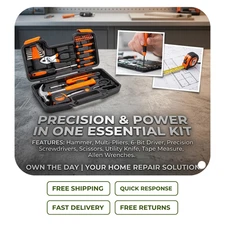 39 Piece Hand Tool Kit Home Maintenance Set with Plastic Toolbox Case Orange
