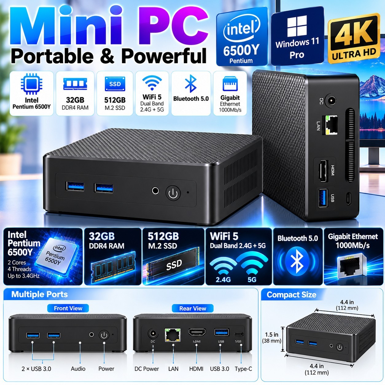 Computer Box Ports RNRUO Mini PC 32GB RAM 512GB SSD Windows 11 WiFi 6 Bluetooth Open Box ...