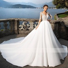 Abiti da sposa vintage manica lunga applicazioni cappella treno raso abiti da sposa