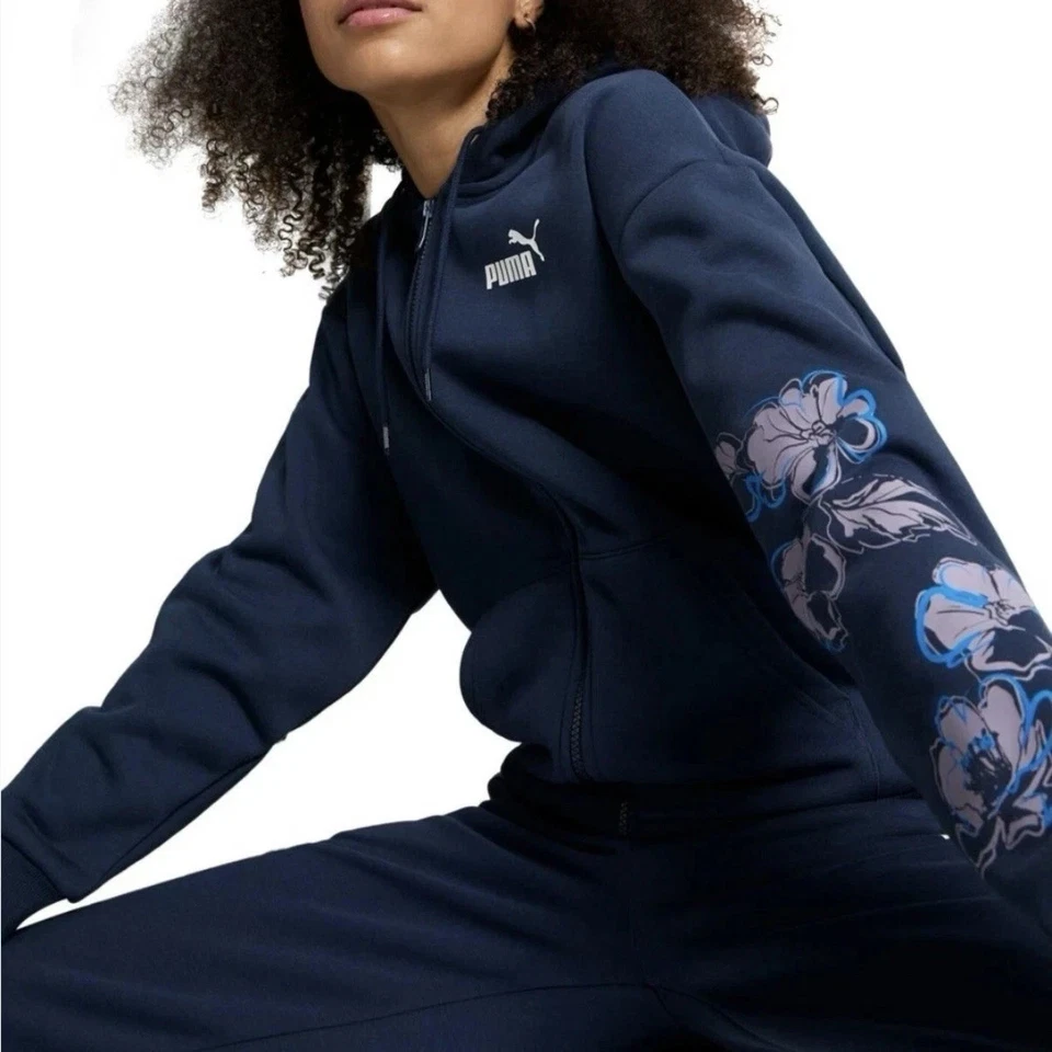 Sudadera con capucha para mujer Puma de algodón esencial floral vibraciones - azul marino Foto 3 de 3