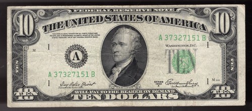 1950 $10 FRN FEDERAL RESERVE NOTE “PARTIAL FACE TO BACK OFFSET PRINTING ERROR - Picture 2 of 2