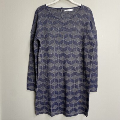 FRNCH Navy Blue & Gold Lurex Geometric Chevron Knit Long Sleeve Dress Size  Small | eBay