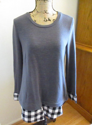 12pm by Mon Ami Womens Layered Look Gray w/Black&White Check Long Sleeve Top, L