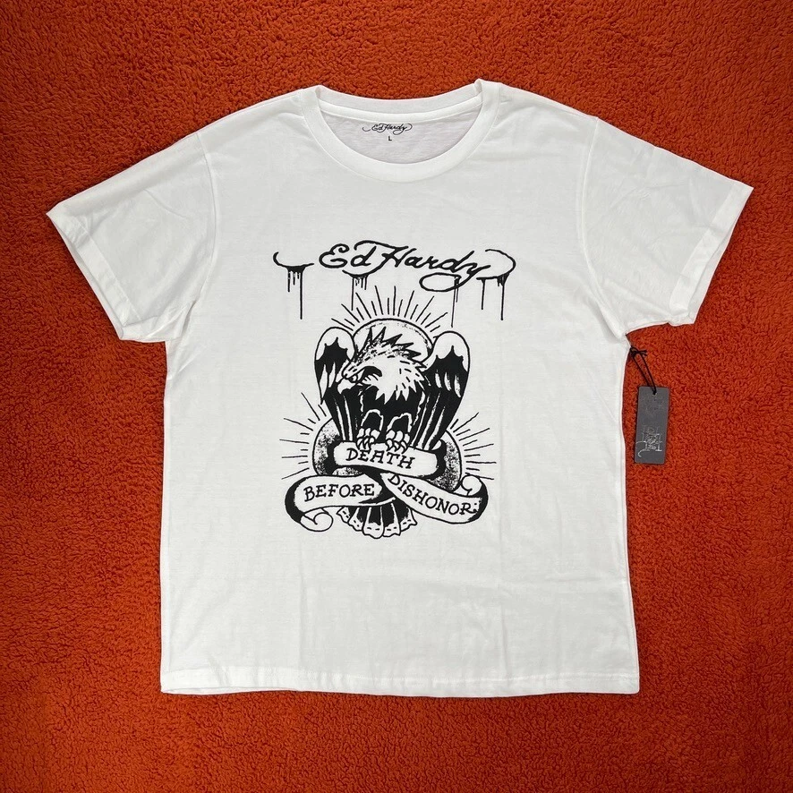 ED HARDY T-Shirt Mens LARGE Graphic Tattoo White Eagle Death Before Dishonor Y2K