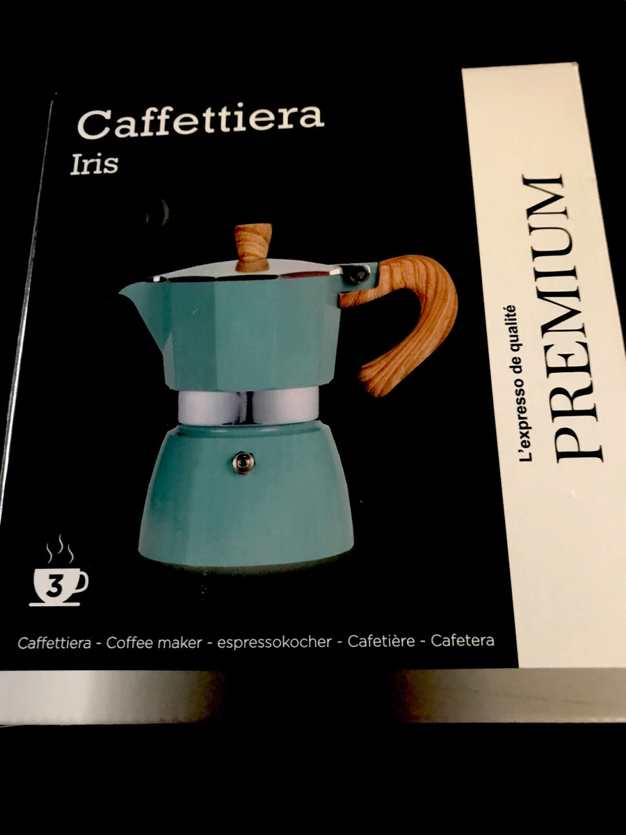 NEW Caffettiera Iris 3 CUP Drip Coffee Maker. Premium Turquoise Wood Handle