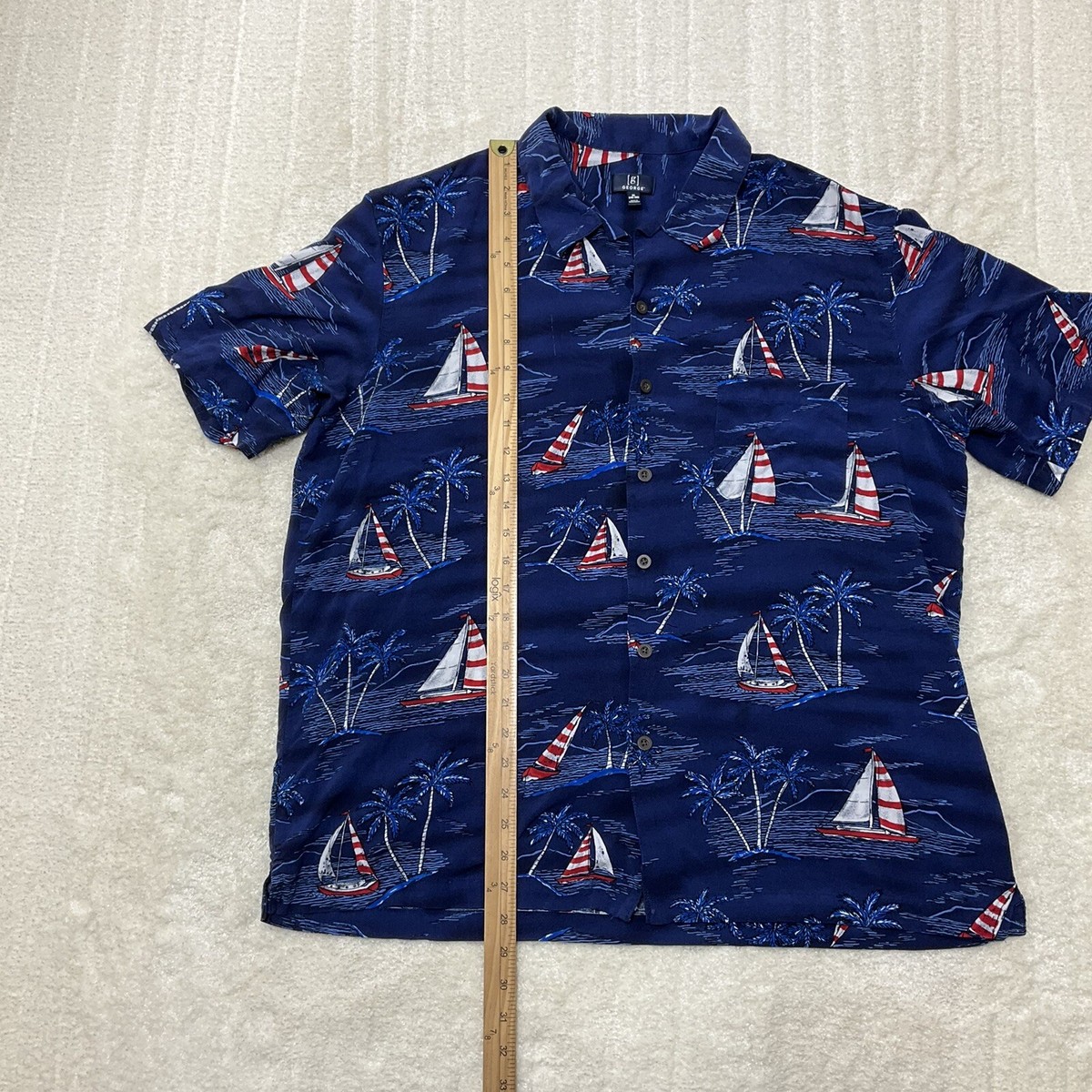 ジョージ様 George Mens Size XL Sailboat Print Short Sleeve Button Up Blue Red