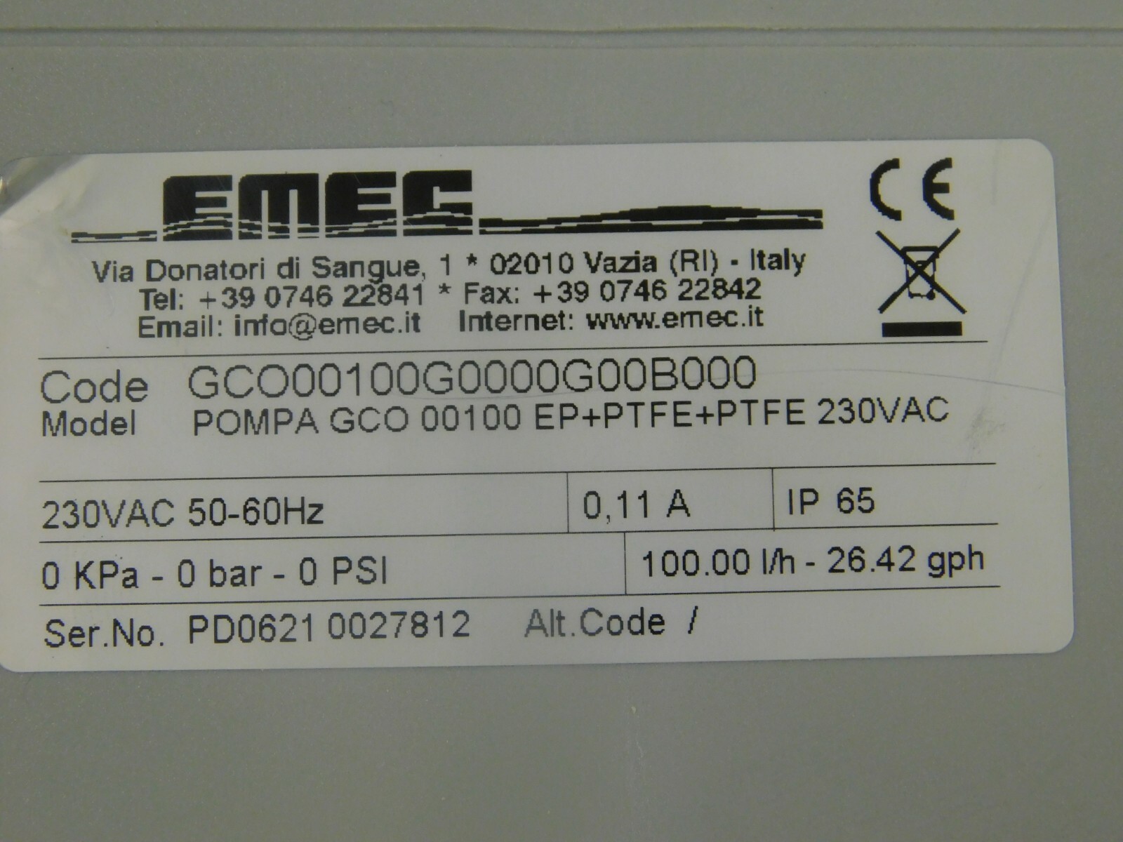 EMEC Pump POMPA GCO 00100 EP+PTFE+PTFE 230VAC | eBay UK