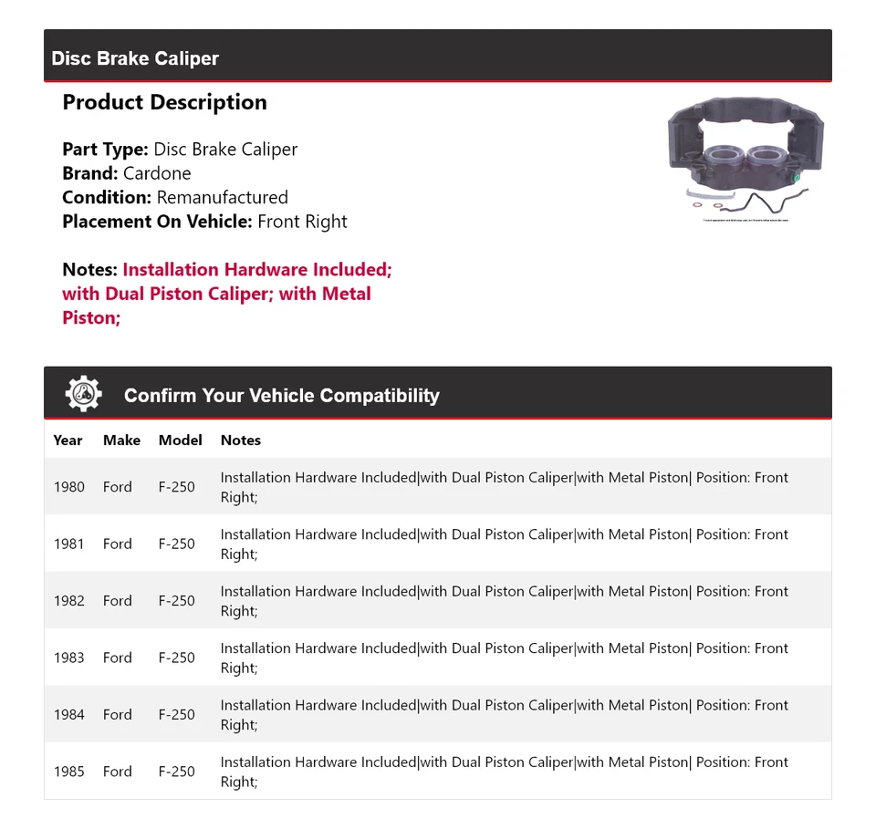 Pinza de freno de disco delantera derecha Cardone 1981 1982 1983 para Ford F-250 1980-1985 Foto 2 de 4