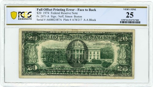 FR #2071-A $20 1974 FRN Full Offset Printing Error Face to Back VF25 PCGS - Picture 2 of 2
