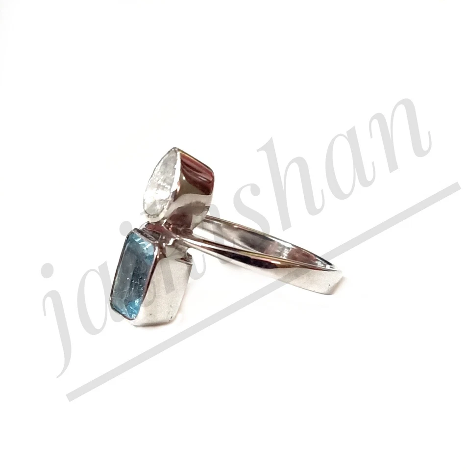 Aquamarin Edelstein 925 Sterlingsilber Polki Diamantring Geschenk Für Ehefrau - Bild 3 von 4