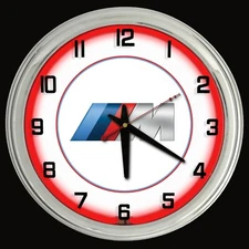 16" BMW M Series Sign Red Neon Clock Chrome Case Bavarian Motor Works Man Cave