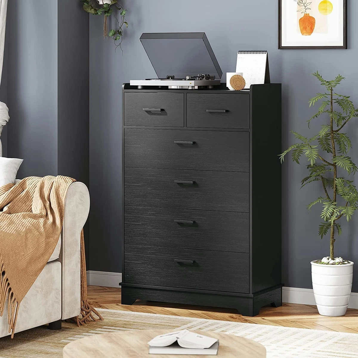 Black Dresser with 6 Drawers for Bedroom, Narrow Tall Chest of Drawers  Storage Tower Clothes Organizer for Living Room 