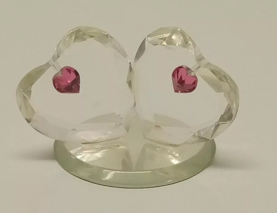 Vintage CFL Clear Crystal Glass 2 Hearts on Mirror Stand Figurine