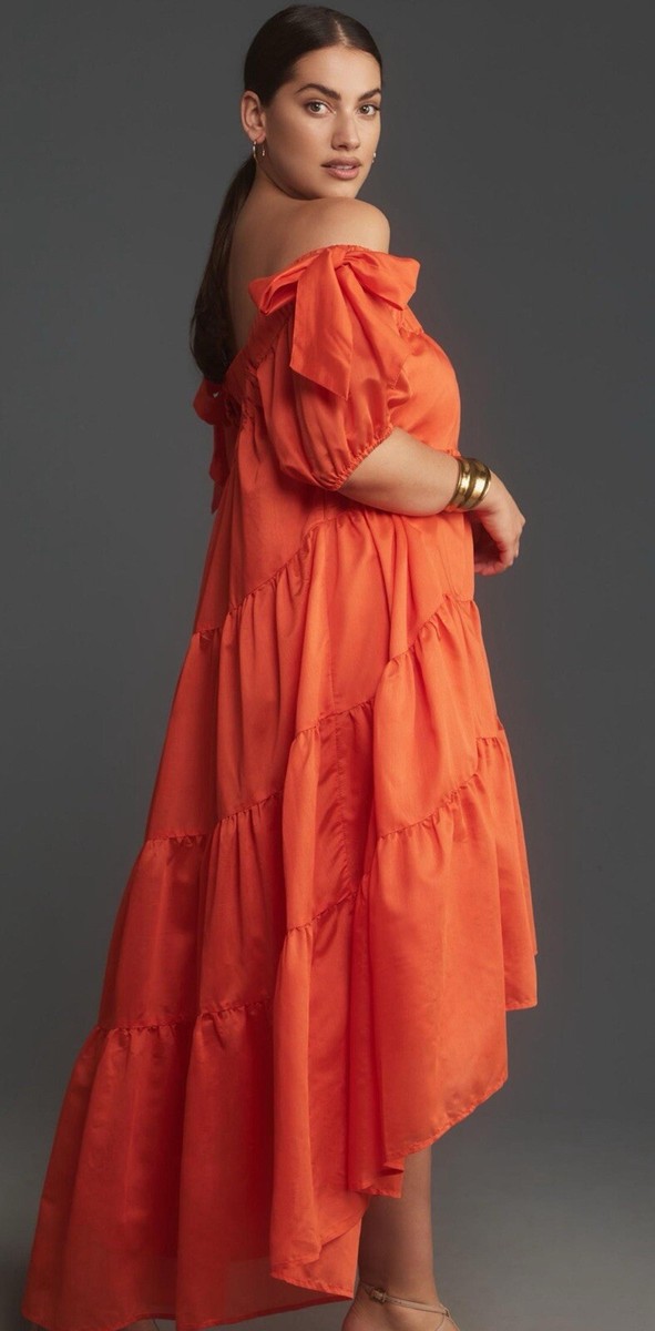 Anthropologie Midi Dress Orange Off The Shoulder Preppy Vacay Boho Size XS  NWT | eBay