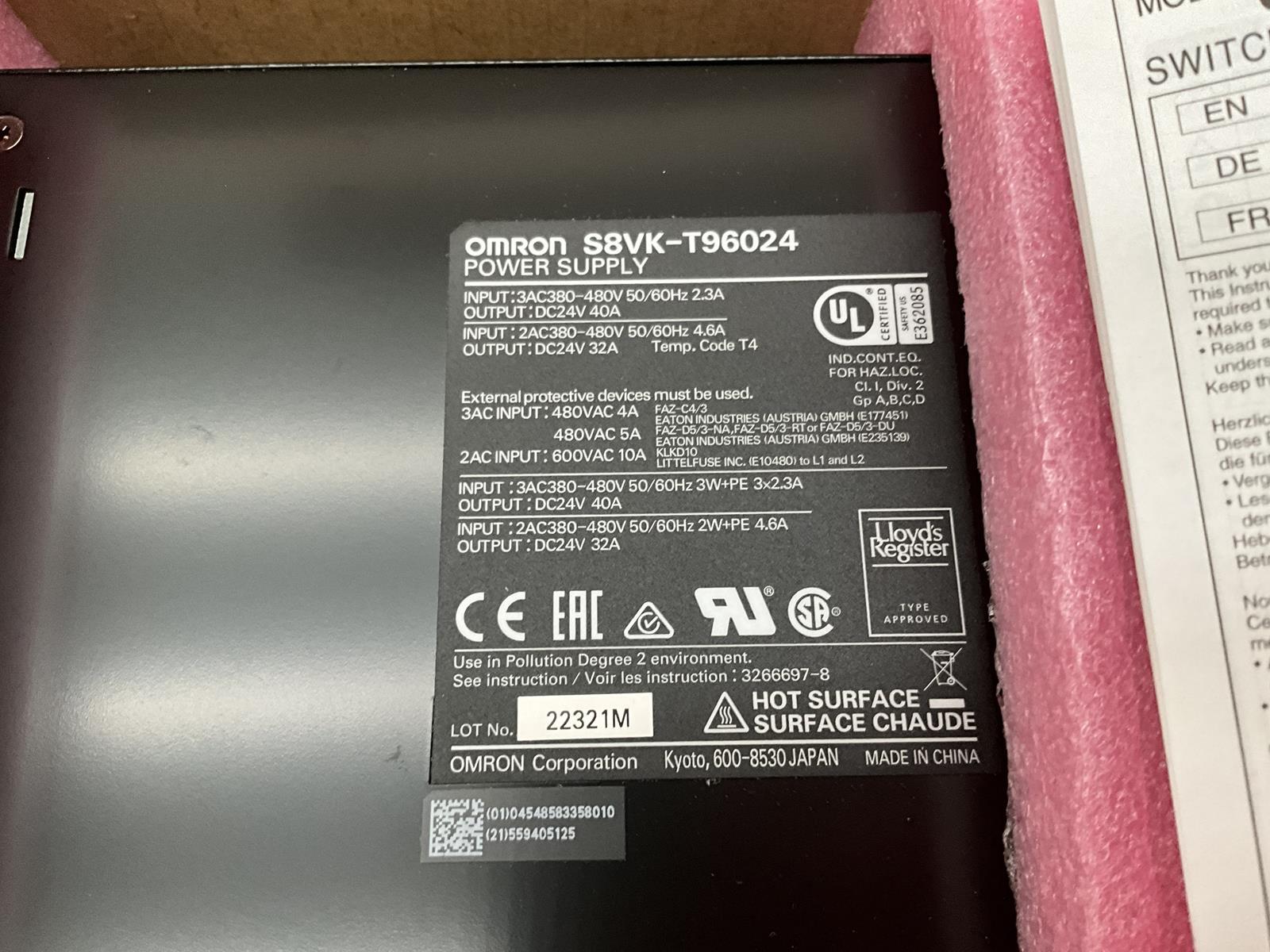 (New Open Box) Omron S8VK-T96024 DIN Rail Switching Power Supply 24V 40A