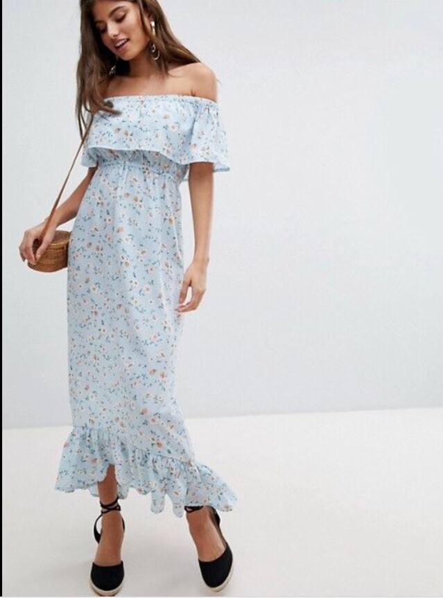 Missguided Bardot Floral Maxi Dress, Blue, UK Size 6, BNWT UK