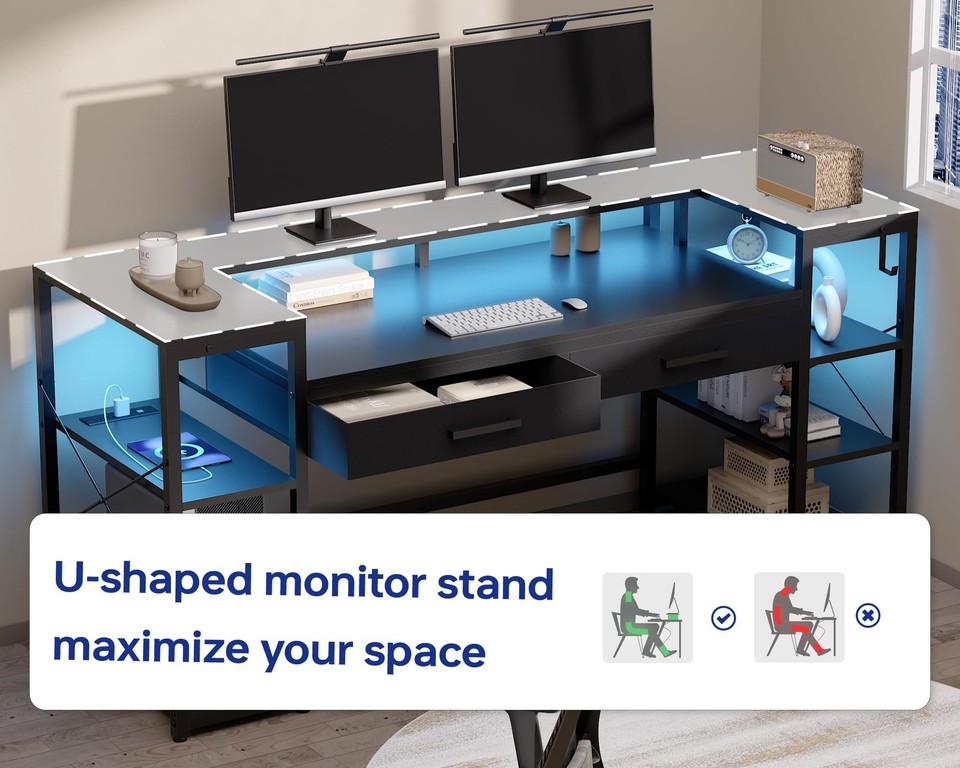 58 Inch Computer Desk with Monitor Stand and Shelves Gaming Desk with ...