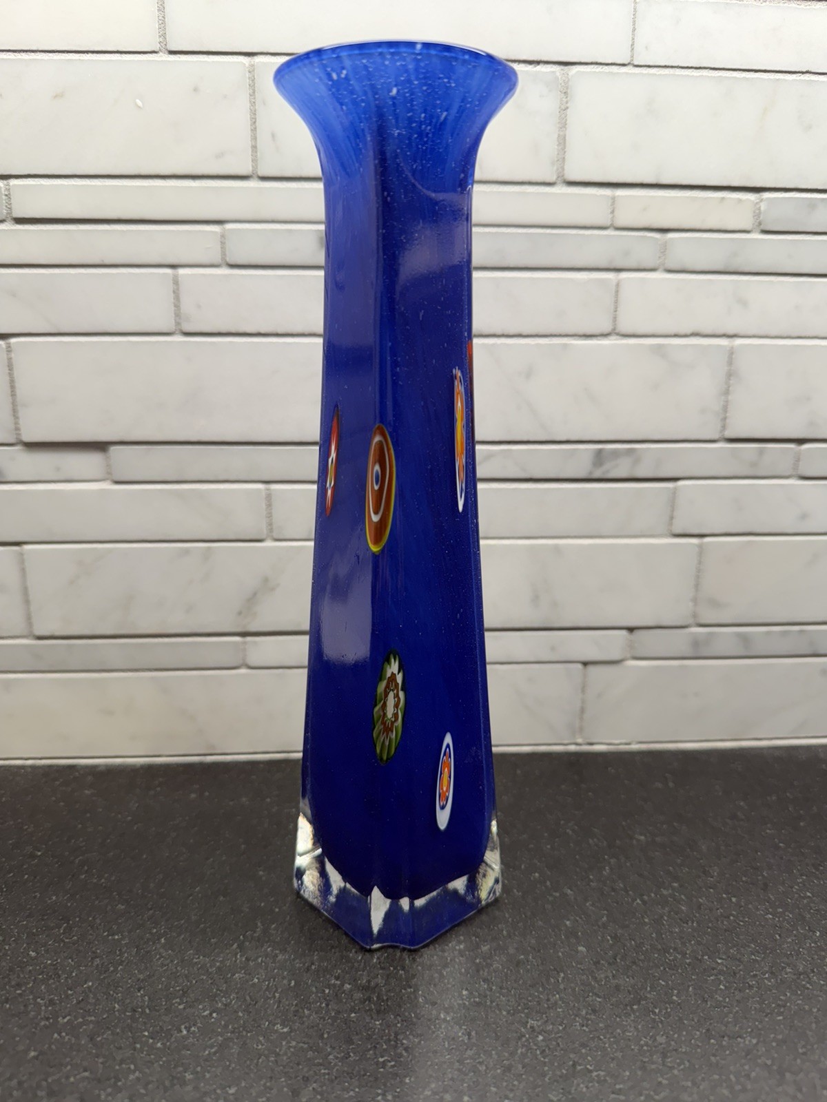 Blue Millefiori Art Glass Vase Murano Venice Italy 9