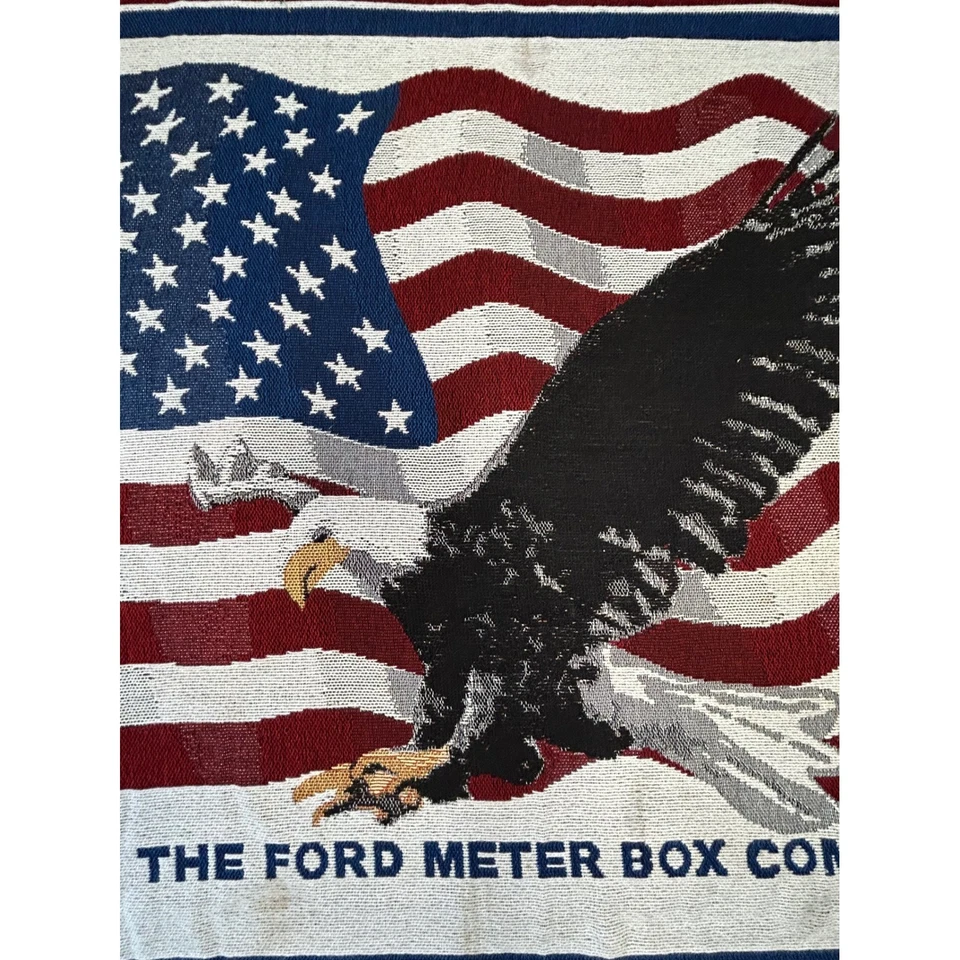 Manta tapiz tejida vintage Ford Meter Box Company Eagle bandera americana Foto 3 de 4