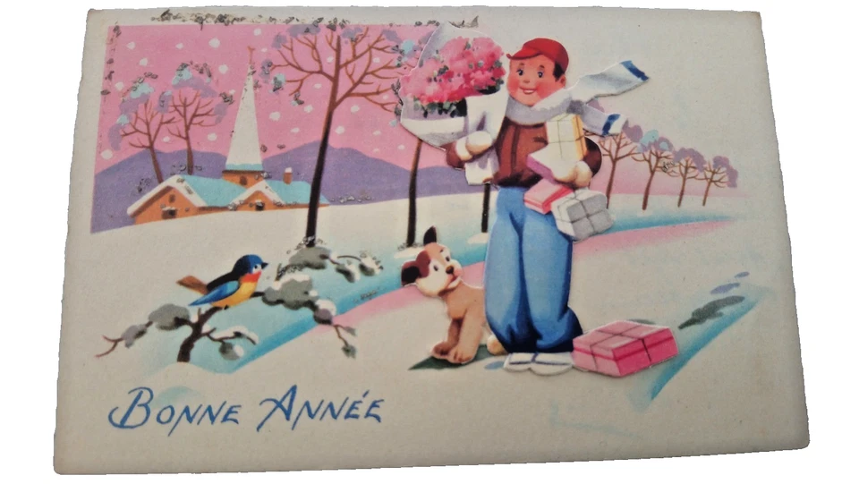 CPA FANTAISIE / REPRESENTANT UN GARCON ET CHIEN EN DECOUPIS / RELIEF / BONNE ANN - Photo 1/1