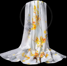 100% Silk mulberry Scarf Women shawl Wrap neckerchief floral yellow gray MY225-4