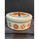 Vintage Pennsylvania Dutch Folk Art Metal Tin Hex Signs Round Storage Container