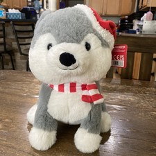 Russ SOFT CUTE HUSKY DOG W/ SANTA HAT  SCARF 11" Plush STUFFED ANIMAL TOY NEW