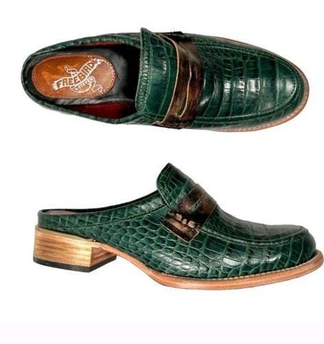 New Women's Freebird By Steven SZ 11 Mona Lisa Green Croc Leather Mules