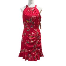 Eliza J Halter Midi Dress Womens 6 Pink Bird Floral Ruched Ruffle Bright Wedding