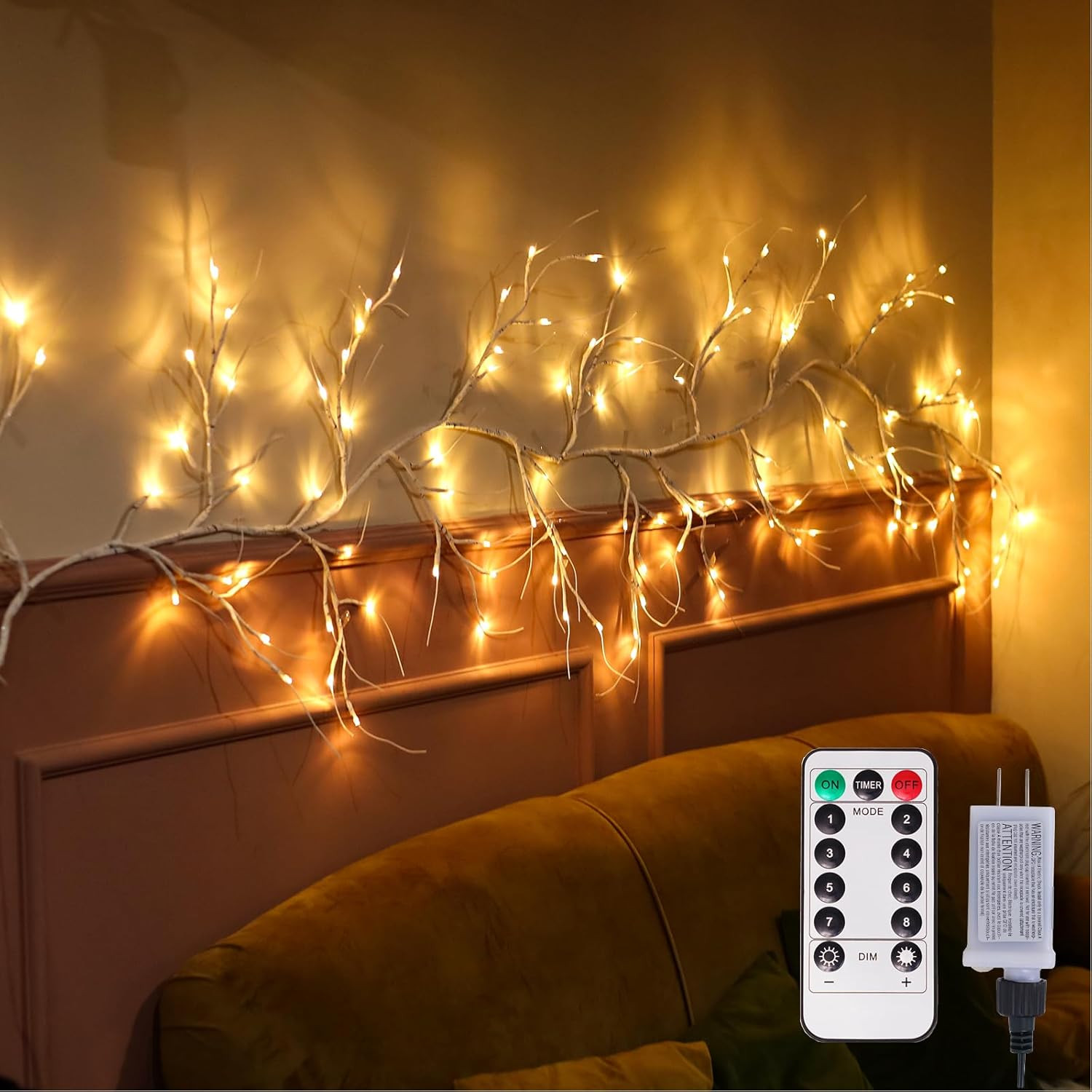 Lighted Birch Garland with Timer 120 LED, 9FT Birch Garland with Lights Remote C