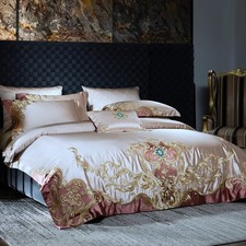 Silk Cotton Bedding Set 4 Pcs Duvet Cover Bed Sheet 2 Pillowcases Embroidery