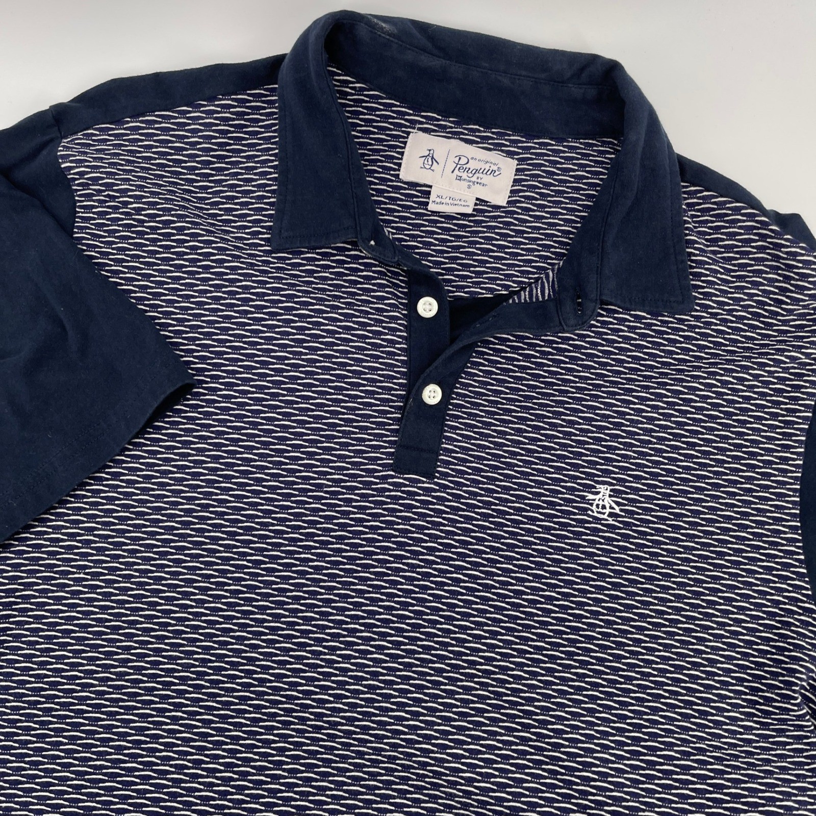 Original Penguin Mens XL Golf Polo Shirt Blue White Geometric Print Short Sleeve
