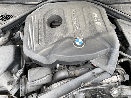 Black BMW 430I engine with silver top, dual exhaust pipes, and blue BMW logo on side.