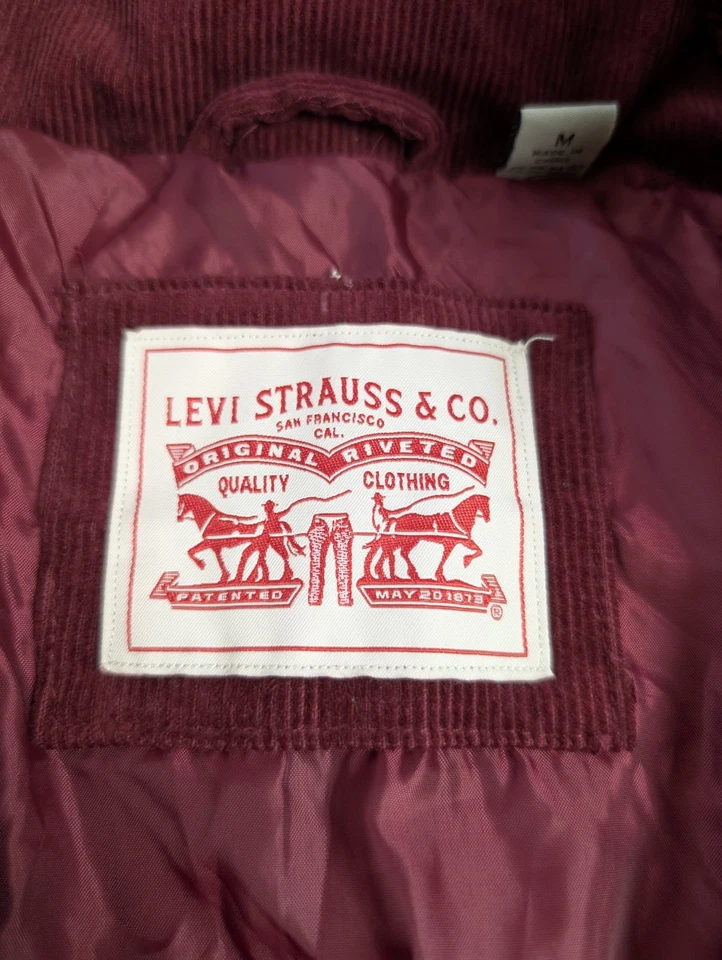 Levi's Corduroy Puffer Jacket Burgundy Men’s Medium M Quilted Full Zip Warm Coat - Image 3 of 4