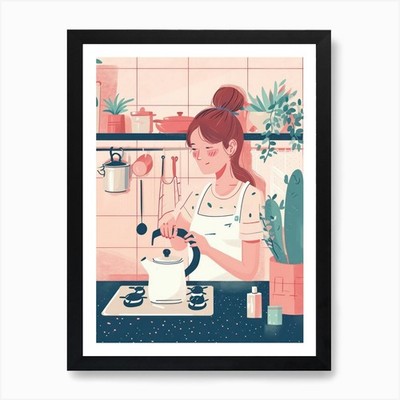 Girl Putting The Kettle On Lo Fi Ka Framed Wall Art Poster Canvas Print Picture