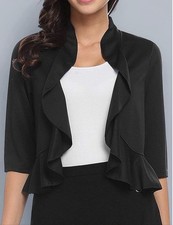 Aceshion Women Black Cropped Bolero Ruffle Shrug Open Front 3/4 Sleeve Sz M