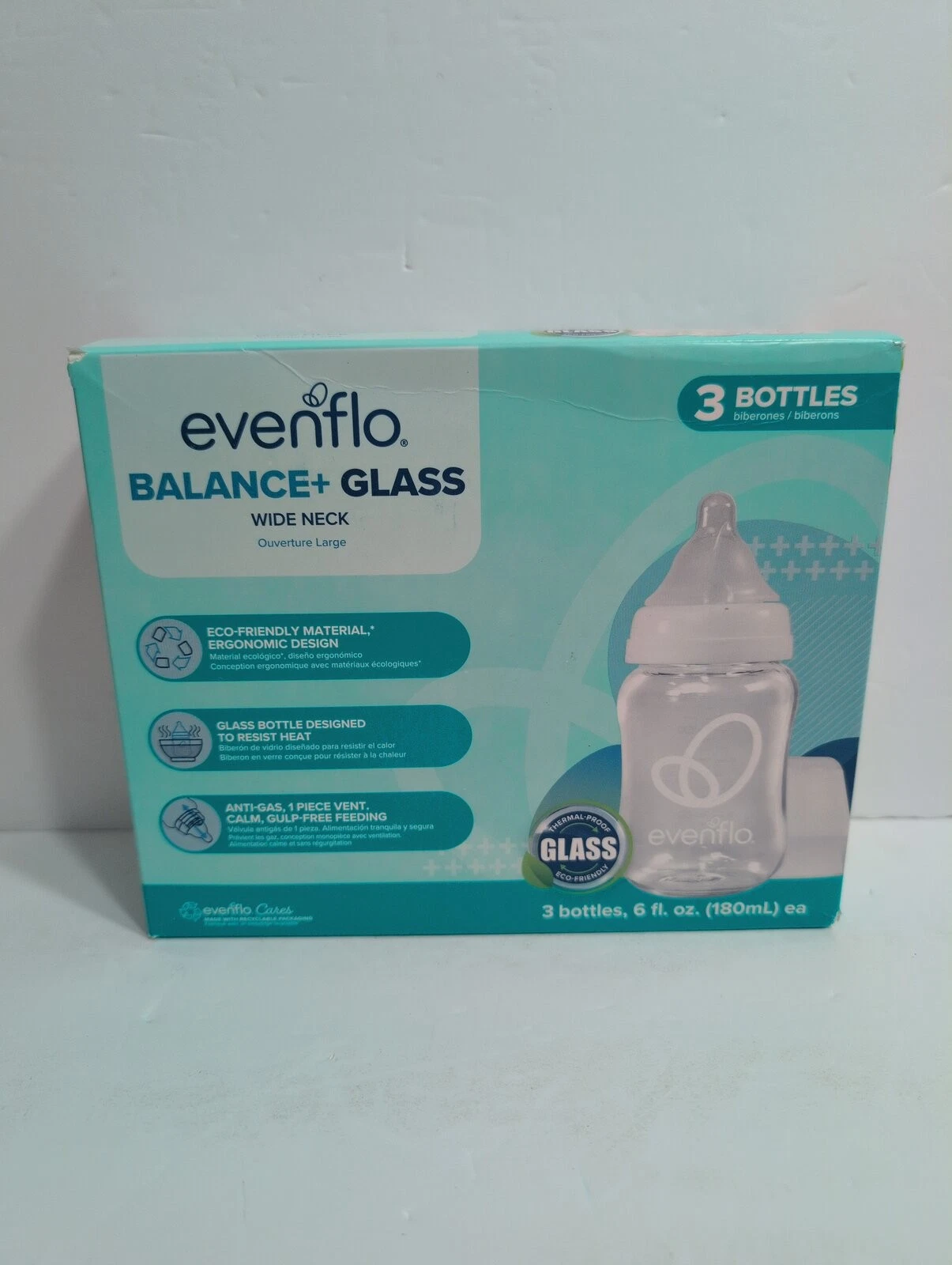 Evenflo Balance Wide-Neck Glass Anti-Colic Baby Bottles - 6oz (3 Pack) ~NEW~