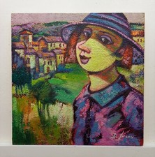 Quadro Dipinto Paesaggio Figura Olio Tavola Cm30x30 De Lorenzo Carlo 