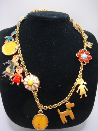 COSTUME GOLD TONE MULTI PENDANT NECKLACE FLOWERS PEOPLE DOG SCARECROW PENDANTS