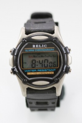 Relic Men Watch Silver Plastic Black WR Battery Light Date Alarm Chron Quartz